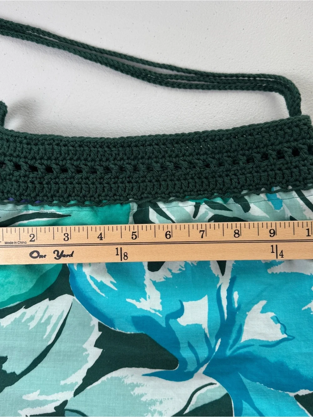 Handmade Crochet Fabric Shoulder Bag Boho Tropical Leaf Print Dark Green